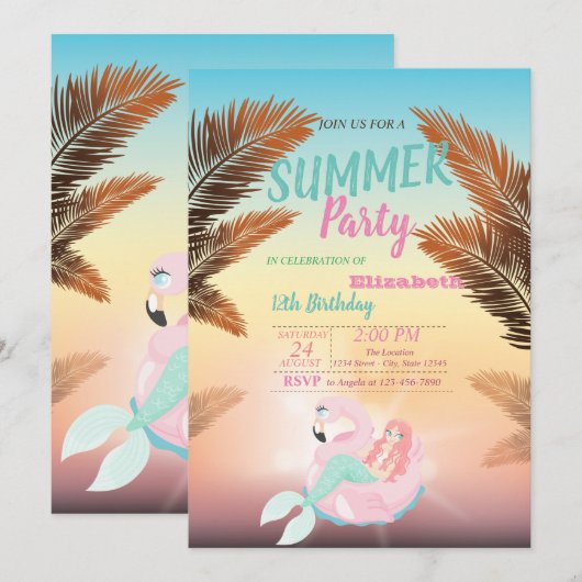 Palmblad, Zeemeermin Verjaardagsfeestje Kaart (Voorkant / Achterkant)