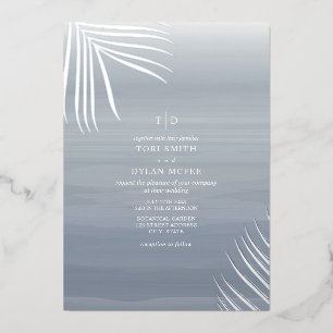 Palmbladeren Chambray Aquarel Strand Bruiloft Folie Uitnodiging