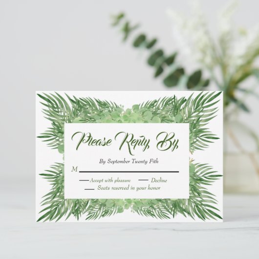 Palmbladeren en Eucalyptus Weddenschap modern foli RSVP Kaartje (Staand voorkant)