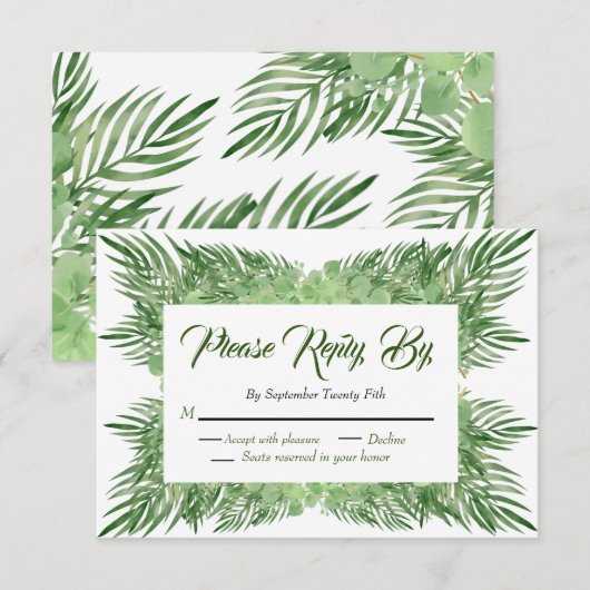 Palmbladeren en Eucalyptus Weddenschap modern foli RSVP Kaartje (Voorkant / Achterkant)