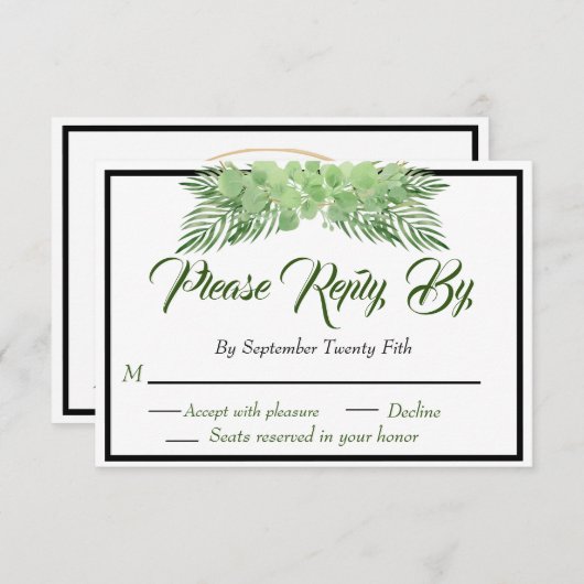 Palmbladeren en Eucalyptus Weddenschap modern foli RSVP Kaartje (Voorkant / Achterkant)