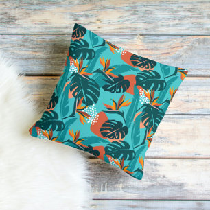 Palmbladeren en hibiscus bloem tropisch patroon kussen