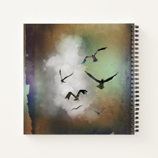 Palmbladeren en meeuwen op roest en groene grunge notitieboek (Achterkant)