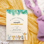 Palmbladeren en Oerwouden Moderne Baby shower Uitnodiging Briefkaart<br><div class="desc">Nodig uw vrienden en familie uit tot deze speciale dag met dit tropische ontwerp. Deze uitnodiging bevat waterverf palm en monstera bladeren langs de bovenkant van de kaart en een handgetrokken olifant, leeuw, aap, cheetah, zebra en giraffe onderaan. Je aangepaste douchegegevens verschijnen midden in de uitnodiging, met jouw naam en...</div>