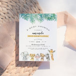 Palmbladeren en Oerwouden Moderne Baby shower Uitnodiging Briefkaart<br><div class="desc">Nodig uw vrienden en familie uit tot deze speciale dag met dit tropische ontwerp. Deze uitnodiging bevat waterverf palm en monstera bladeren langs de bovenkant van de kaart en een handgetrokken olifant, leeuw, aap, cheetah, zebra en giraffe onderaan. Je aangepaste douchegegevens verschijnen midden in de uitnodiging, met jouw naam en...</div>