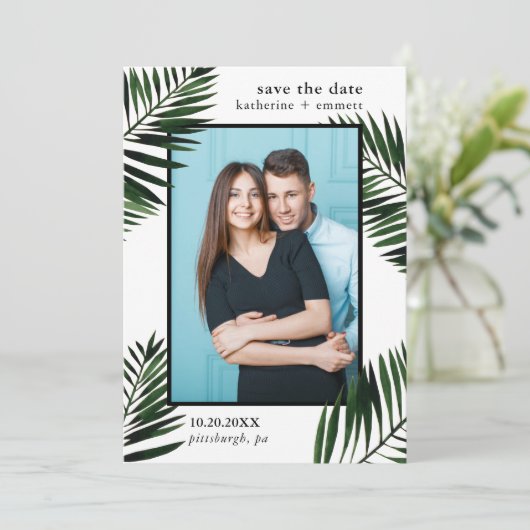 Palmbladeren en Stippen Bewaar de datumfotokaart Save The Date (Staand voorkant)