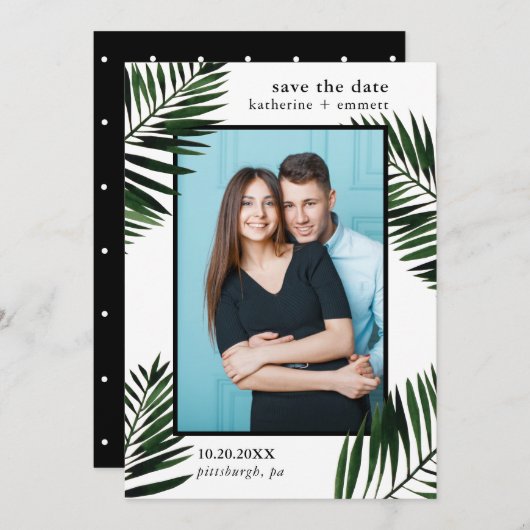 Palmbladeren en Stippen Bewaar de datumfotokaart Save The Date (Voorkant / Achterkant)