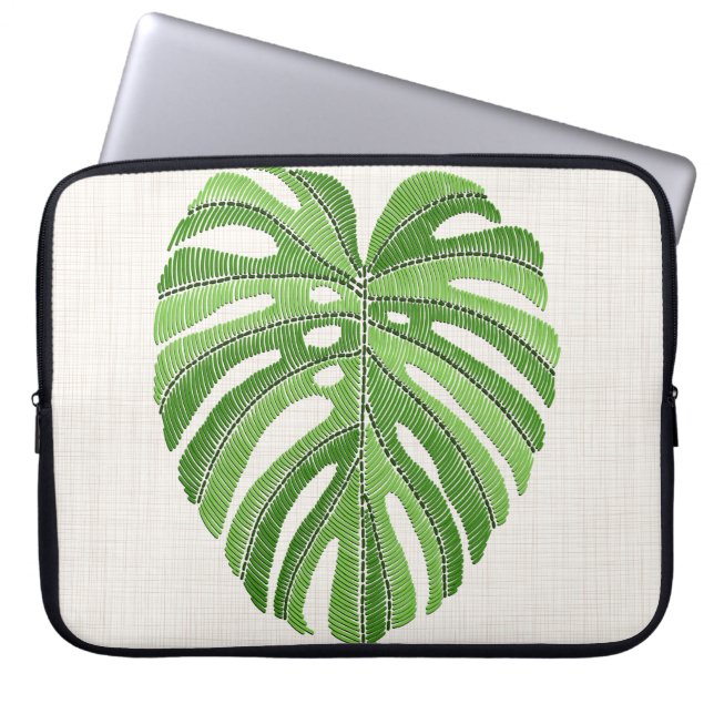 Palmbladeren geborduurd. Green Tropical Monstera Laptop Sleeve (Voorkant)