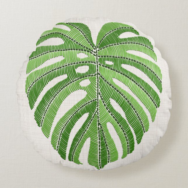 Palmbladeren geborduurd. Green Tropical Monstera Rond Kussen (Voorkant)