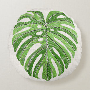 Palmbladeren geborduurd. Green Tropical Monstera Rond Kussen