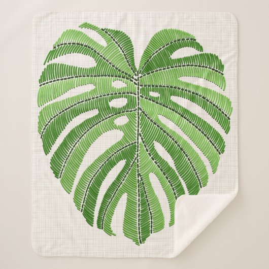 Palmbladeren geborduurd. Green Tropical Monstera Sherpa Deken (Voorkant)