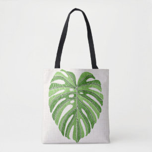 Palmbladeren geborduurd. Green Tropical Monstera Tote Bag