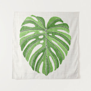 Palmbladeren geborduurd. Green Tropical Monstera Wandkleed