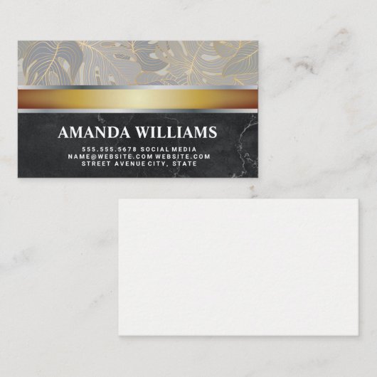 Palmbladeren | Goud zilver metaal | Zwart marmer Visitekaartje (Voorkant / Achterkant)