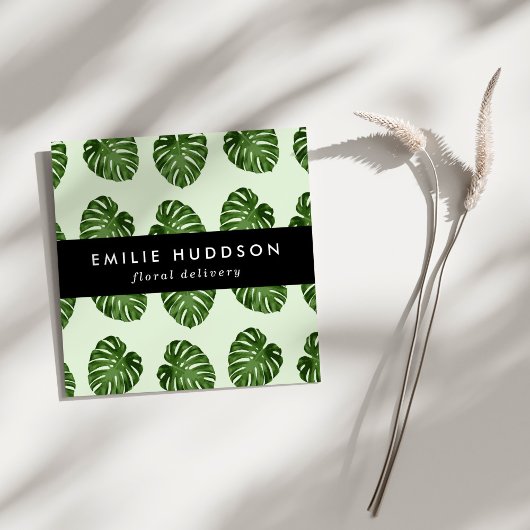 Palmbladeren, groene bladeren, bloemenborst, bloem vierkante visitekaartje