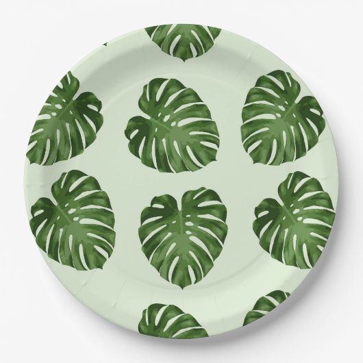 Palmbladeren, groene bladeren, tropisch patroon papieren bordje (Voorkant)