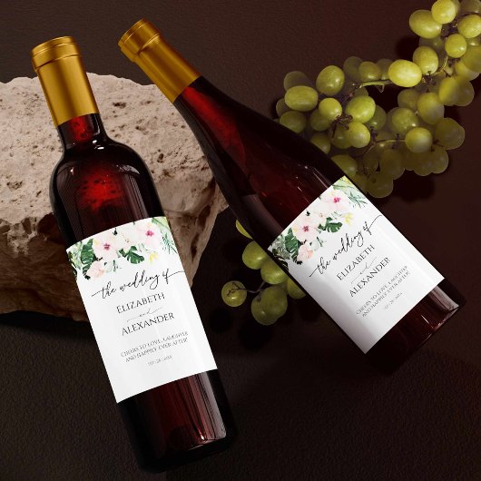 Palmbladeren Hibiscus Tropisch Trouwjurk Wijnlabel Wijn Etiket