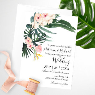 Palmbladeren Hibiscus Tropische Elegante Bruiloft Kaart