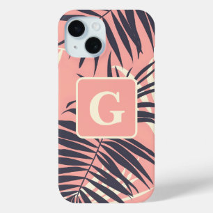 Palmbladeren Lichtroze gepersonaliseerd monogram iPhone 15 Case