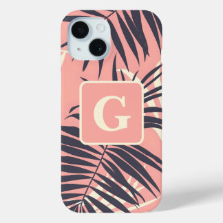 Palmbladeren Lichtroze gepersonaliseerd monogram iPhone 15 Case