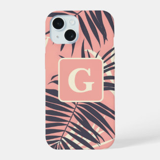 palmbladeren lichtroze gepersonaliseerd monogram iPhone 15 case