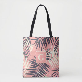 Palmbladeren Lichtroze gepersonaliseerd monogram Tote Bag