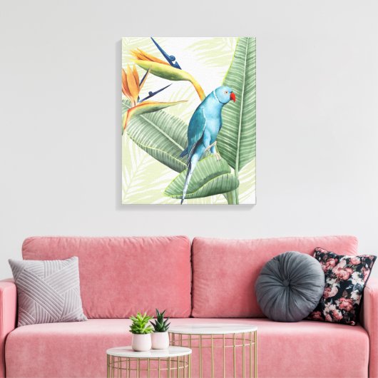Palmbladeren met blauwe vogel canvas afdruk (Insitu (Woonkamer))