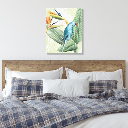 Palmbladeren met blauwe vogel canvas afdruk (Insitu (Slaapkamer))