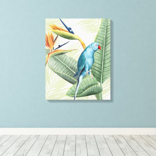 Palmbladeren met blauwe vogel canvas afdruk (Insitu (Houten vloer))