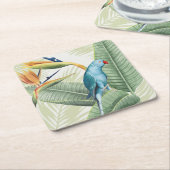 Palmbladeren met blauwe vogel kartonnen onderzetters (Schuin)