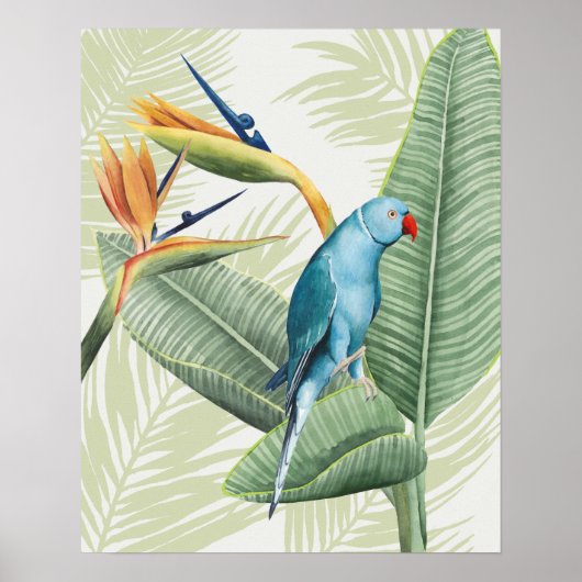 Palmbladeren met blauwe vogel poster (Voorkant)