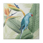Palmbladeren met blauwe vogel tegeltje<br><div class="desc">Palmbladeren met blauw vogelartiest: Grace Popp</div>