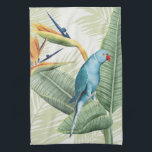 Palmbladeren met blauwe vogel theedoek<br><div class="desc">Palmbladeren met blauw vogelartiest: Grace Popp</div>