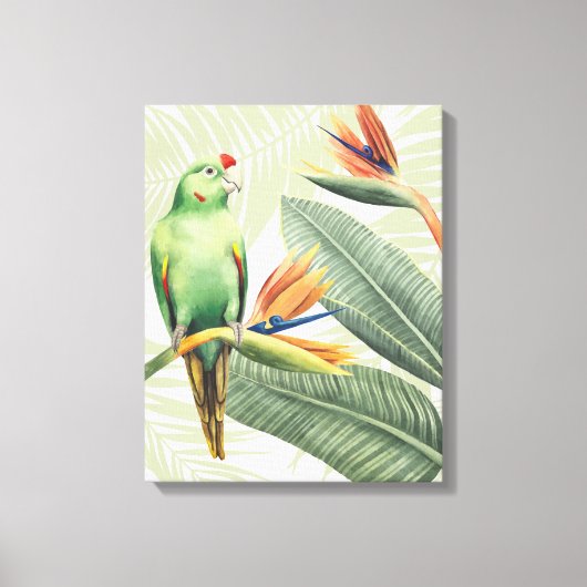 Palmbladeren met een groene vogel canvas afdruk (Voorkant)