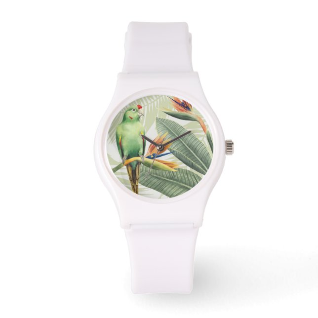 Palmbladeren met een groene vogel horloge (Voorkant)