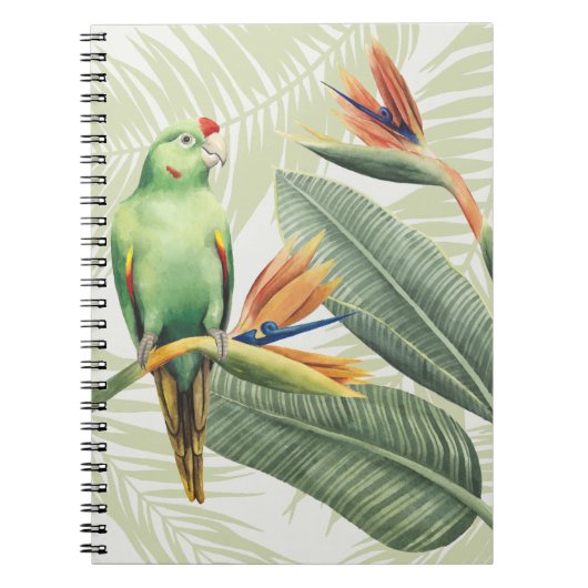 Palmbladeren met een groene vogel notitieboek (Voorkant)