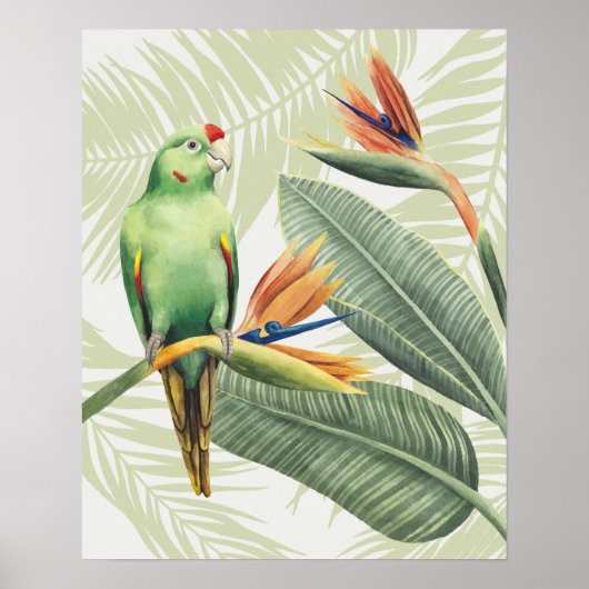 Palmbladeren met een groene vogel poster (Voorkant)