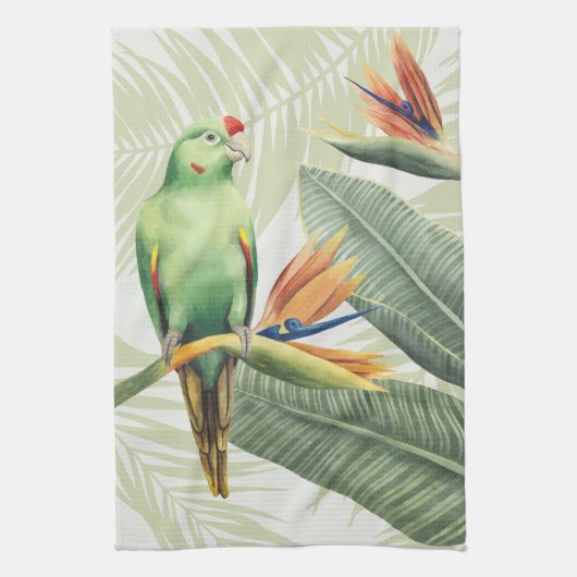 Palmbladeren met een groene vogel theedoek (Verticaal)