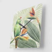 Palmbladeren met een groene vogel vierkante klok (Hoek)