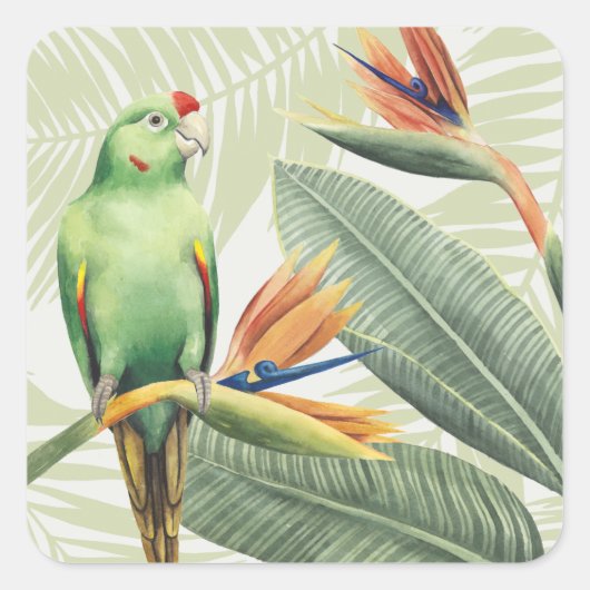 Palmbladeren met een groene vogel vierkante sticker (Voorkant)