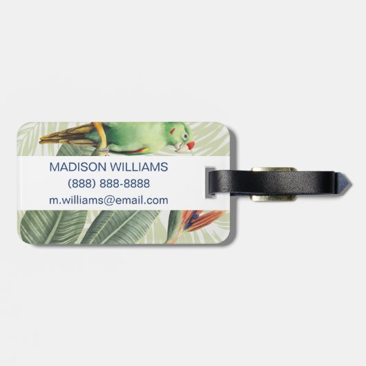 Palmbladeren met groene vogel bagagelabel (Achterkant horizontaal)