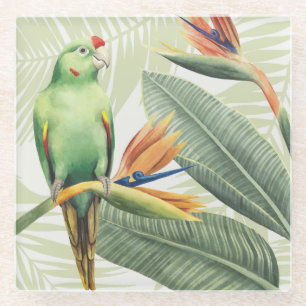Palmbladeren met groene vogel glazen onderzetter