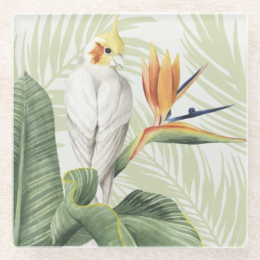 Palmbladeren met witte vogel glazen onderzetter (Voorkant)