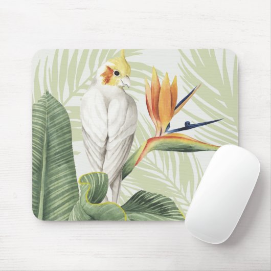 Palmbladeren met witte vogel muismat (Met muis)