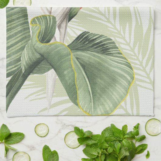 Palmbladeren met witte vogel theedoek (Gevouwen)