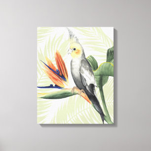 Palmbladeren met zwarte vogel canvas afdruk