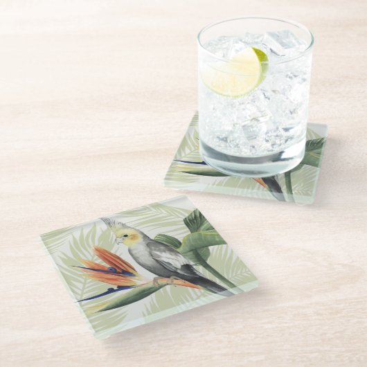 Palmbladeren met zwarte vogel glazen onderzetter (Schuin)