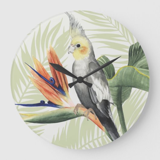 Palmbladeren met zwarte vogel grote klok (Voorkant)