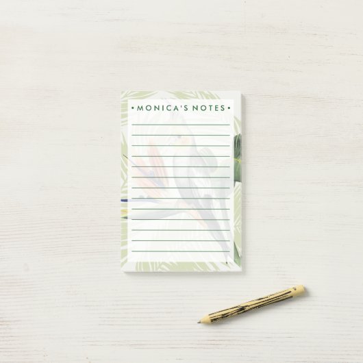 Palmbladeren met zwarte vogel post-it® notes (Op bureau)