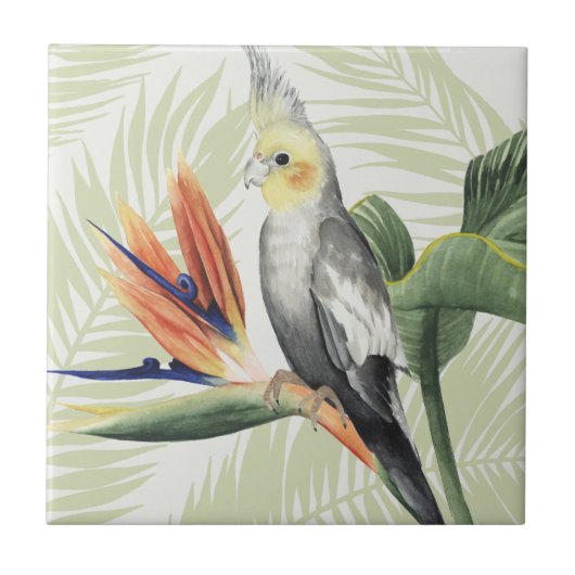 Palmbladeren met zwarte vogel tegeltje (Voorkant)